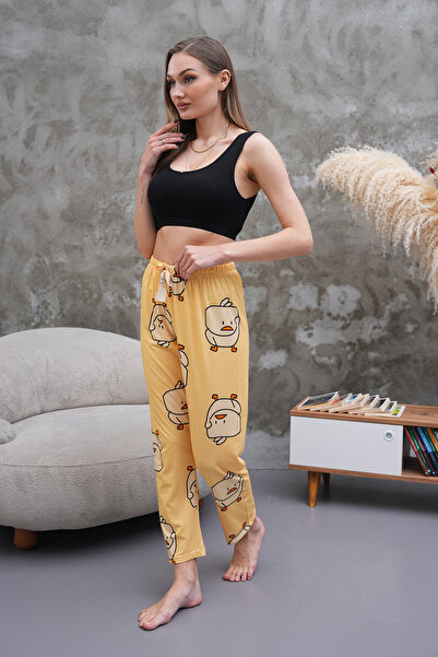 Arvin Pijama Kadın Yüksek Bel Baskılı Yumuşak Dokulu Milans Pijama Altı Sarı Chick