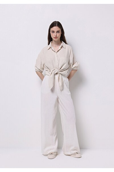 Colin's Regular Fit Shirt Neck Çizgili Kadın Bej Uzun Kol Gömlek