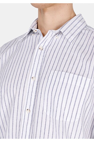 Colin's Regular Fit Shirt Neck Çizgili Erkek Keten Karışımlı Lacivert Uzun Kol Gömlek