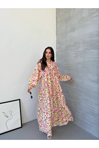 PREMİER VİE فستان TESETTÜR BERRA بنمط مسحوق اللون الصيفي من قماش ليليوم برقبة...