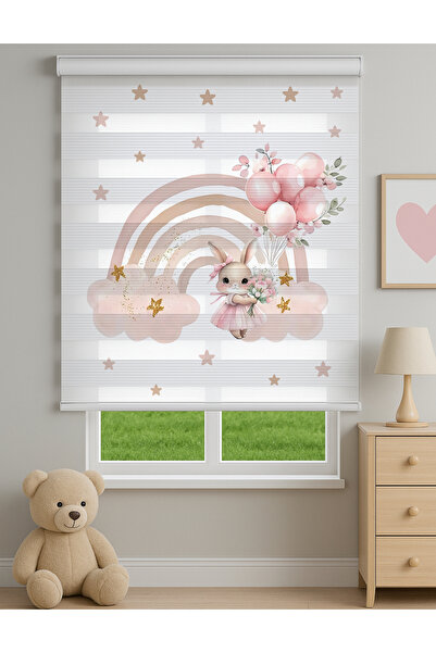 Home Pembe Gökkuşağı ve Tavşan Desenli Dijital Zebra Stor Perde – Kız Çocuk O...