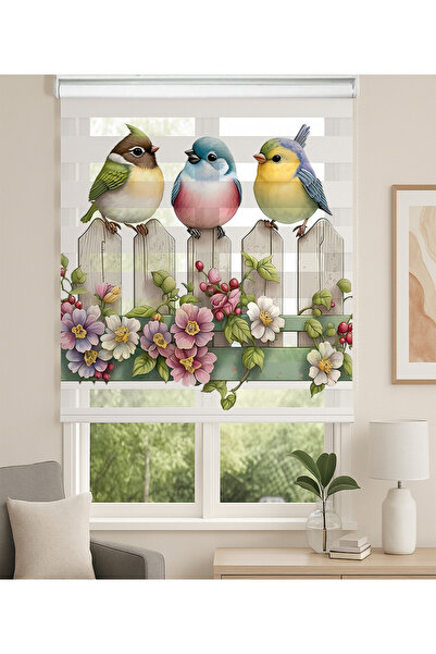 Home Çit Üstünde Kuşlar ve Çiçek Desenli Dijital Baskılı Zebra Stor Perde – Ç...