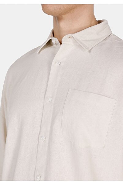 Colin's Relaxed Fit Shirt Neck Düz Erkek Keten Karışımlı Bej Uzun Kol Gömlek