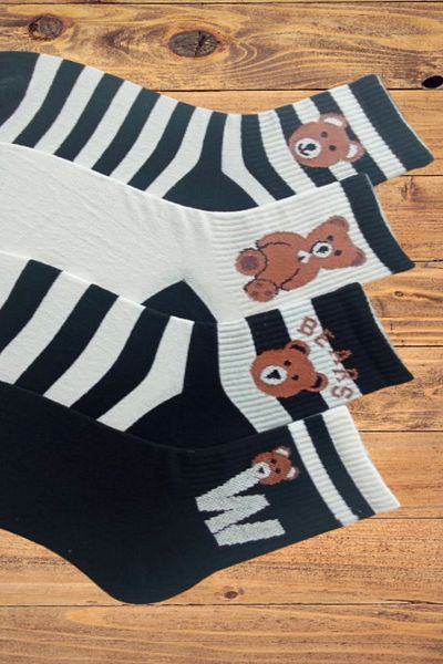 Esinti Women's Men's College & Sneaker Compatible Teddy Bear Socks - 4 Pairs of Cotton Patterned Socks