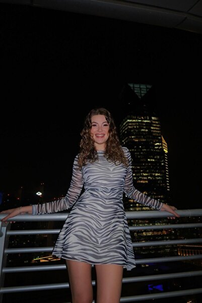 Kallisto Μίνι φόρεμα από τούλι με μακρυμάνικο επένδυση με σχέδιο ζέβρα εκρού