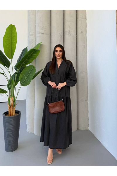 PREMİER VİE Testture Black Denim Dress V-Neck