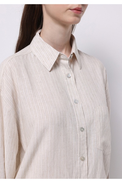 Colin's Regular Fit Shirt Neck Çizgili Kadın Bej Uzun Kol Gömlek