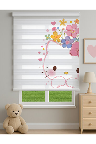 Home Çiçekli Sevimli Kedi Desenli Dijital Baskılı Zebra Stor Perde – Çocuk Od...