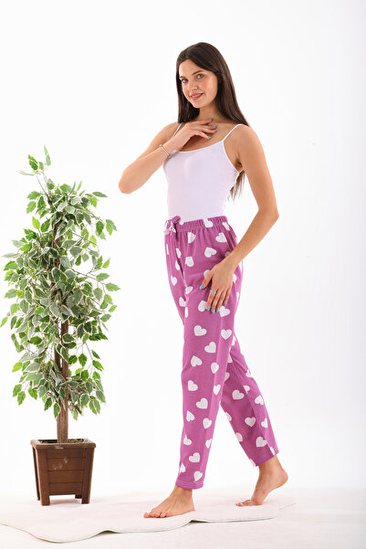 Arvin Pijama Kadın Mor Kalp Baskılı Kurdeleli Pijama Altı