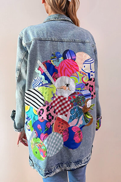 poupee Patchwork Detaylı Uzun Denim Ceket, Kadın Kot Ceket, Mavi Kot ceket