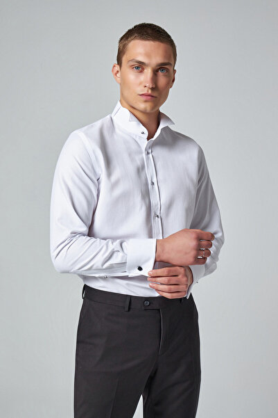 D'S Damat DS Damat Slim fit Bela obična košulja sa dvostrukim manžetama i kon...