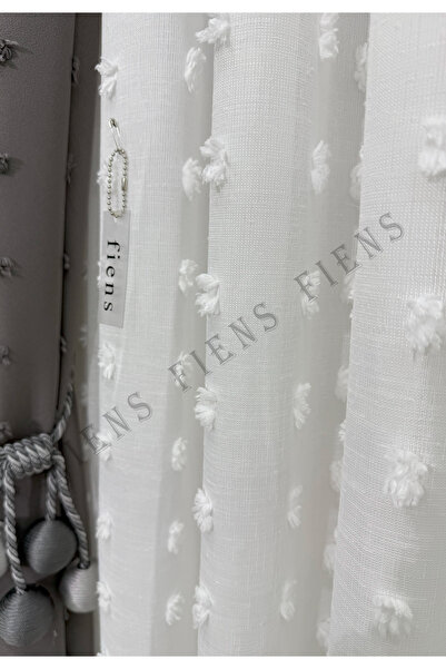 FİENS PUFDY FULL PONPON DESENLİ KETEN PREMİUM DOKULU 1/3 Sık Pileli Tül Perde Ağır Gramajlı Ütü Istemez