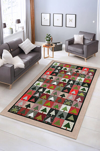 Realhomes Kış Temalı Ağaç Desenli Yılbaşı Halısı Kaymaz Taban Yıkanabilir
