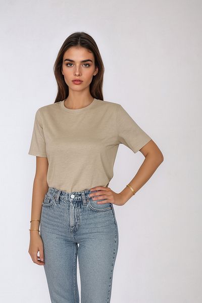 poupee Beige Padded ShorT Sleeve CoTTon T-shirt - Regular Fit Crew NecK