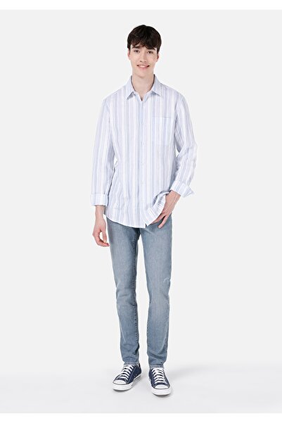 Colin's Regular Fit Shirt Neck Çizgili Erkek Mavi Uzun Kol Gömlek