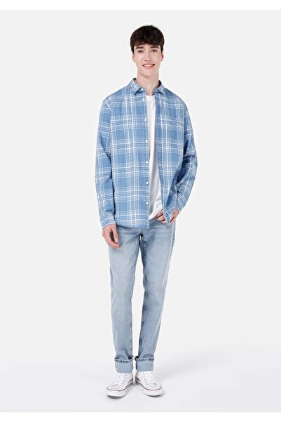 Colin's Regular Fit Shirt Yaka Kareli Mavi Erkek Uzun Kol Gömlek
