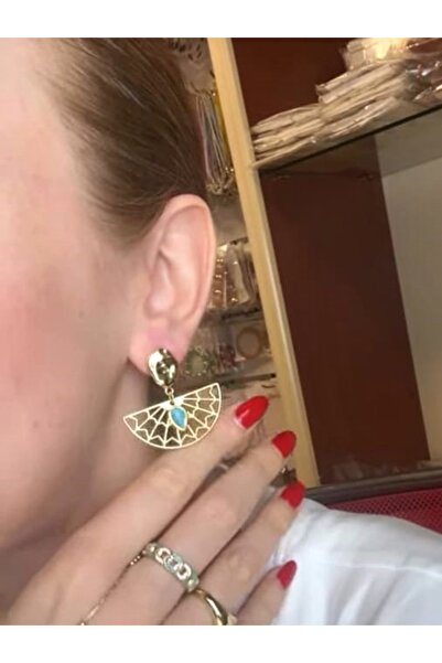 mos&more Gold Mavi Taşlı Vintage Yelpaze Kadın Küpe