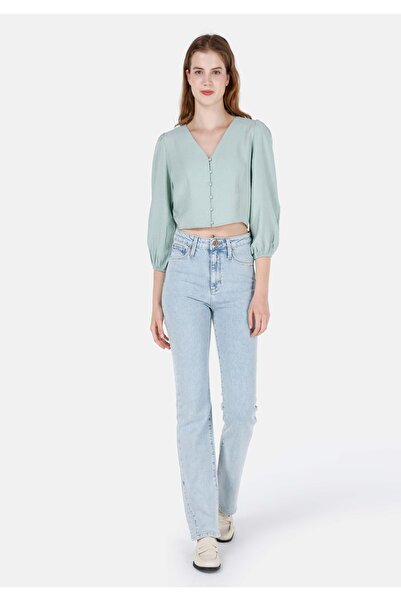 Colin's Regular Fit V Yaka Düz Kadın Yeşil Uzun Kol Gömlek