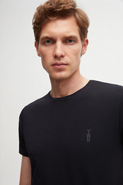 Twn Slim Fit Navy Blue Plain Logo Εκτυπωμένο Stretch βαμβακερό μπλουζάκι