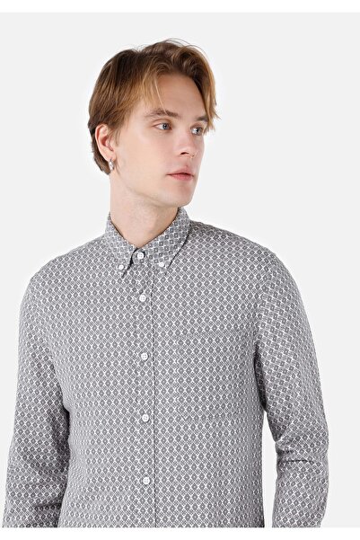 Colin's Slim Fit Shirt Neck Baskılı Erkek Gri Uzun Kol Gömlek