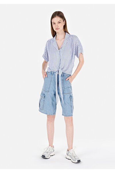 Colin's Regular Fit Shirt Neck Çizgili Kadın Mavi Kısa Kol Gömlek