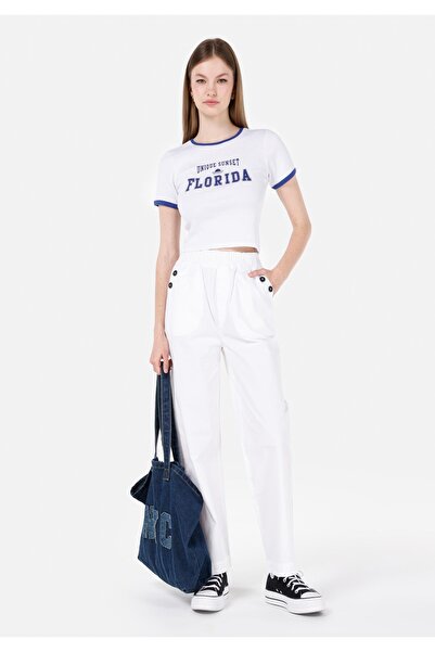 Colin's Regular Fit Yüksek Bel Geniş Paça Kadın Beyaz Pantolon