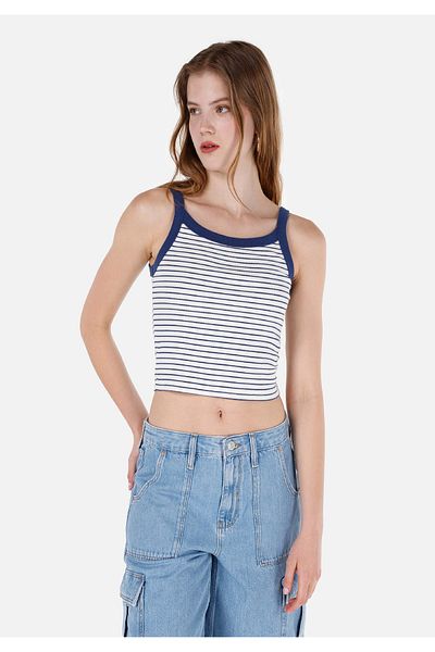 Colin's Navy Blue Striped Slim Fit Women's Tank Top