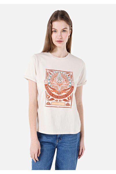 Colin's Normal Kesim Bisiklet Yaka Baskılı Ekru Kadın Kısa Kol Tişört Cl1067937