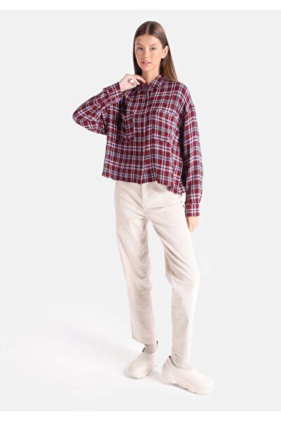 Colin's Regular Fit Shirt Neck Ekoseli Kadın Bordo Uzun Kol Gömlek