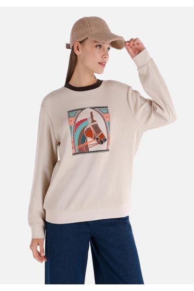 Colin's Regular Fit Round Neck Printed Women's Beige Sweatshirt