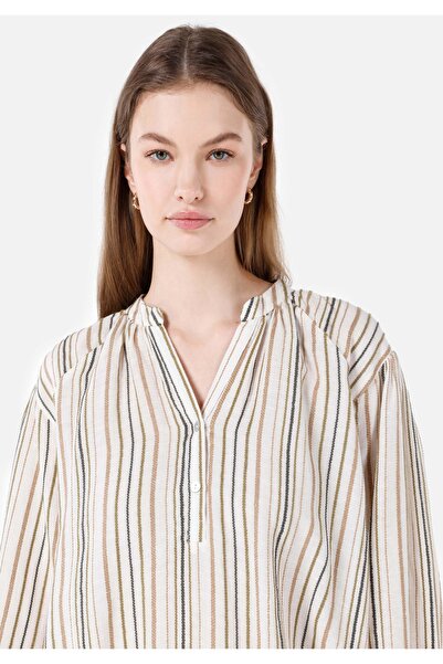 Colin's Κανονική κοπή V-λαιμόκοψη Μπεζ Γυναικεία μακρυμάνικη μπλούζα Cl 1067147