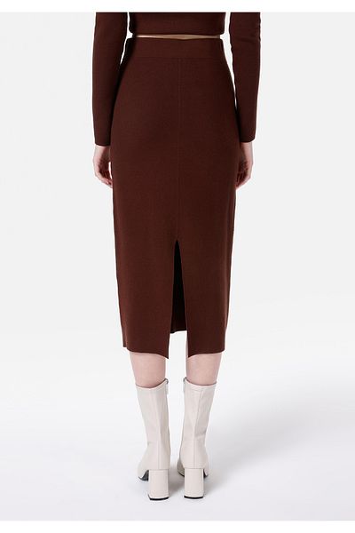 Colin's V-Neck Slit Slim Fit Midi Brown Women's Skirt