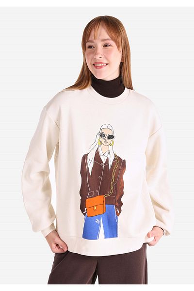 Colin's Ecru Regular Fit Crew Neck Women's Sweatshirt - Printed