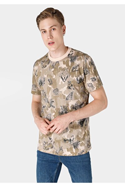 Colin's Μπεζ χρώμα - Ανδρικό κοντομάνικο μπλουζάκι με στάμπα με λαιμόκοψη (κανονική εφαρμογή)