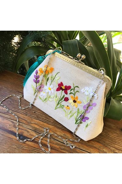 Home Cream Linen Hand Embroidered Wild Flower Embroidered Vintage Style Bag. Hand Embroidery 100% Handmade 25X15 Size