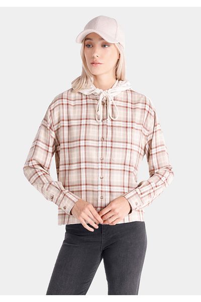 Colin's Regular Fit Hooded Plaid Women's Beige Long Sleeve Shirt