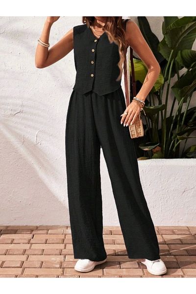 Silerra Women's Zero Sleeve Buttoned Vest and Pants Wrinkle Double Suit