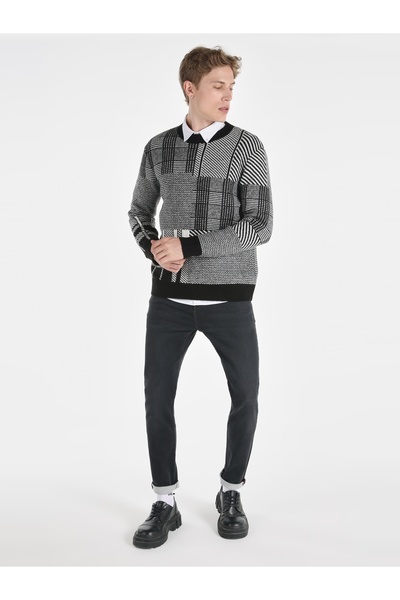 Colin's Regular Fit Bisiklet Yaka Kareli Siyah Erkek Kazak