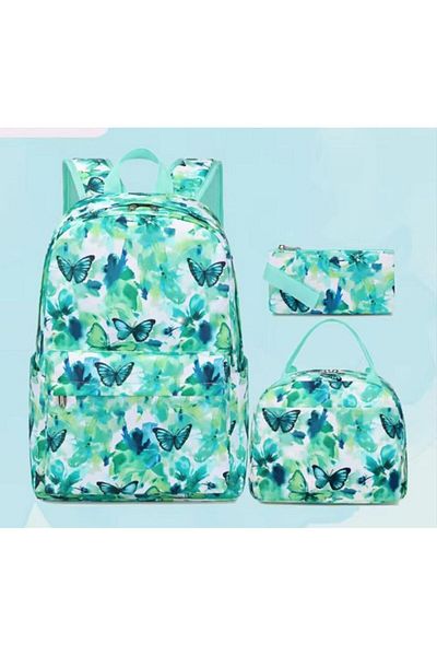 esabela 3-Piece Backpack Set for Kids, Lightweight Water-proof, School Bag Green Butterfly