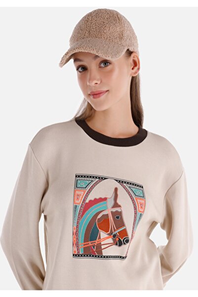 Colin's Regular Fit Yuvarlak Yaka Baskılı Kadın Bej Sweatshirt