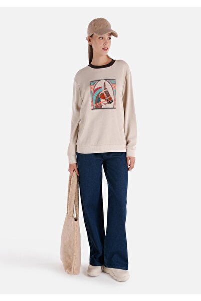 Colin's Regular Fit Yuvarlak Yaka Baskılı Kadın Bej Sweatshirt