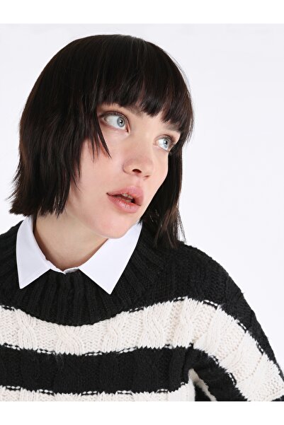 Colin's Regular Fit Yarım Balıkçı Yaka Çizgili Kadın Siyah Kazak