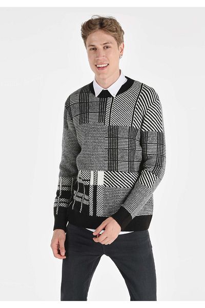Colin's Men's Black Sweater - Regular Fit, Crew Neck, Checkered