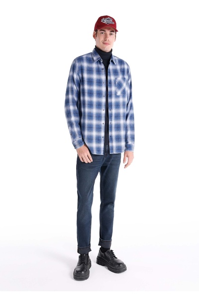 Colin's Regular Fit Shirt Neck Ekoseli Erkek Mavi Uzun Kol Gömlek