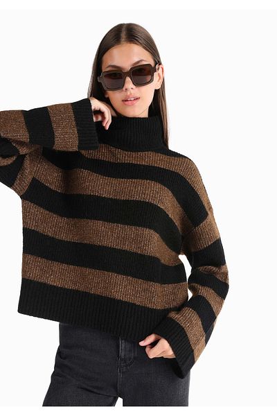 Colin's Regular Fit Half Turtleneck Striped Women's Brown Sweater