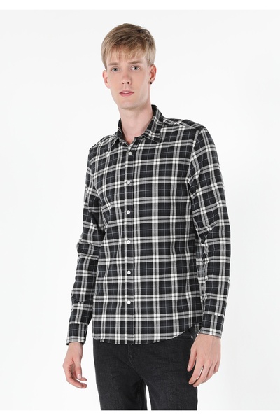 Colin's Сlim Fit Shirt Neck Екологічна чоловіча чорна сорочка з довгими рукавами