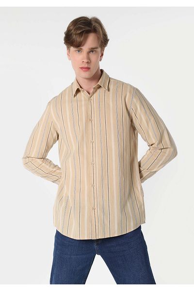 Colin's Regular Fit Shirt Neck Striped Men's Beige Long Sleeve Shirt