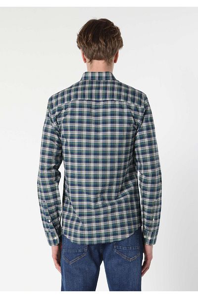 Colin's Slim Fit Shirt Neck Plaid Men's Navy Blue Long Sleeve Shirt