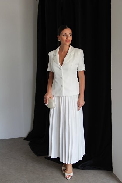 Julidress White Pleated Skirt Short Sleeve Jacket Bottom Top Premium Set