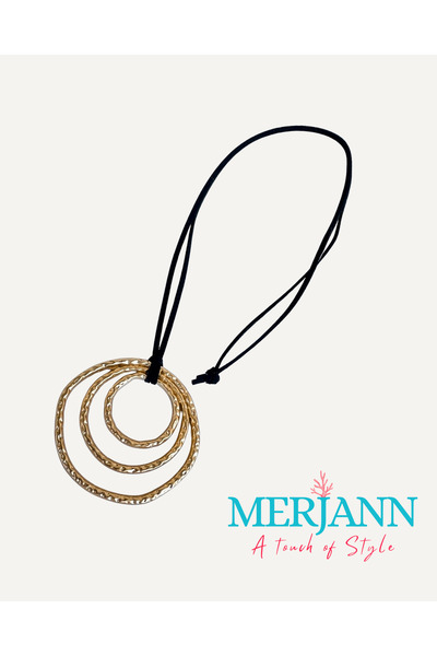MERJANN Accesories Altın Renk 3 Halkalı Dokulu Kolye | Ayarlanabilir Siyah İp...